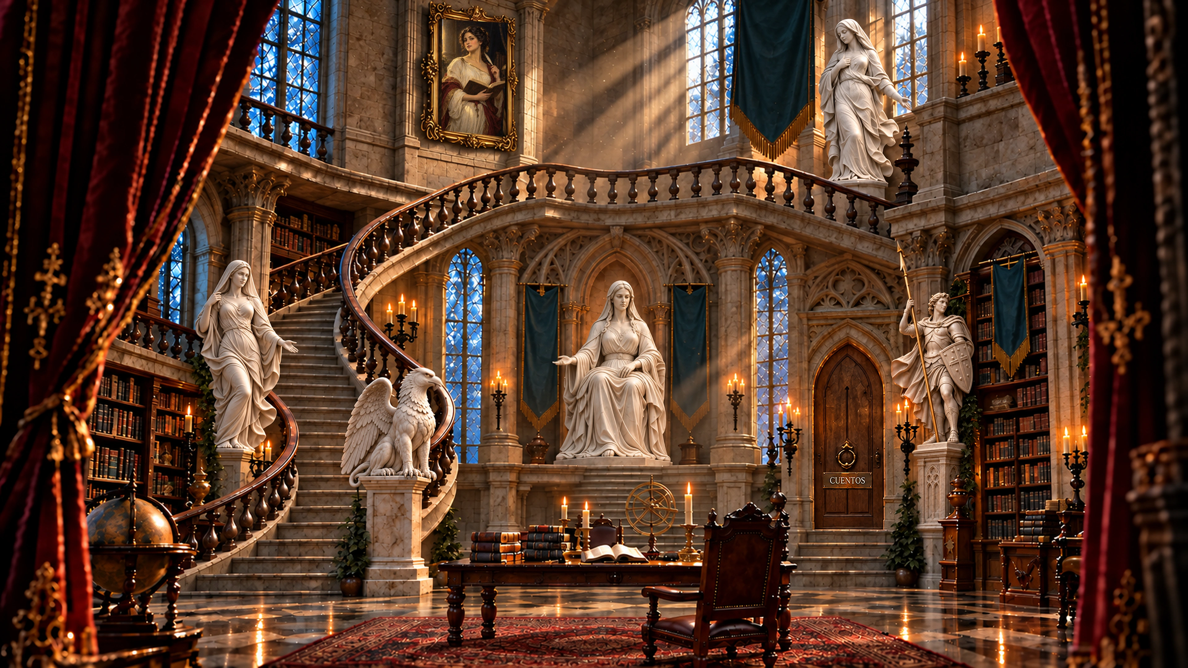 Vestíbulo gótico realista en 4K con una pintura clásica de la musa de las historias, esculturas de mármol nítidas, grifo anatómico, bibliotecas y mobiliario detallados