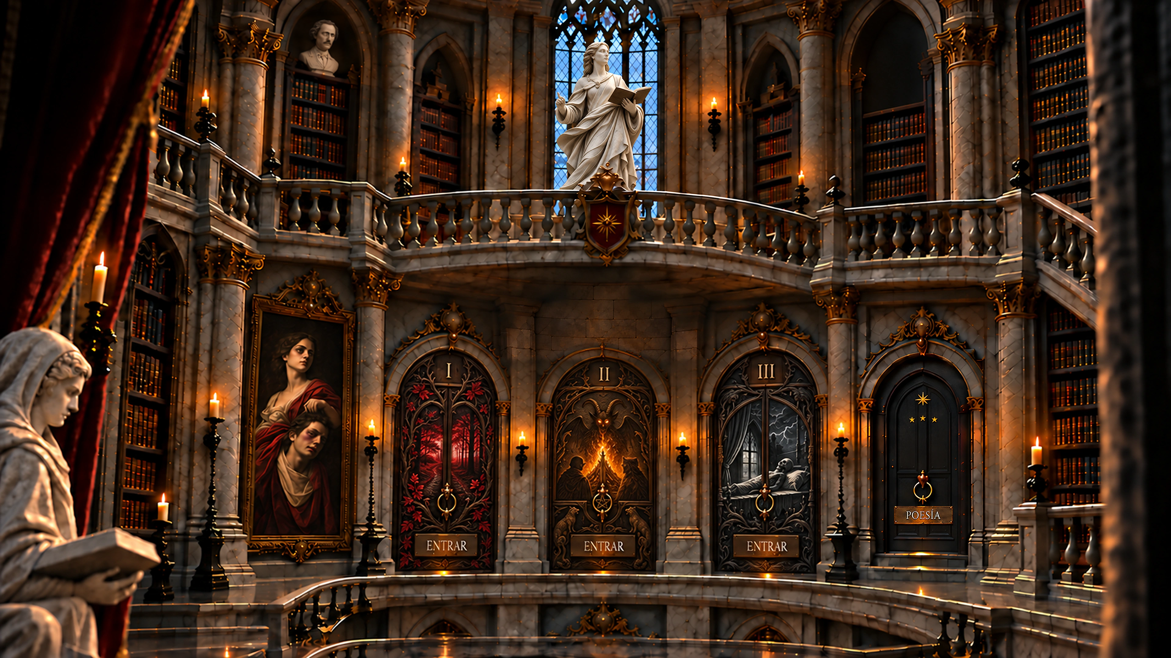 Nivel uno dedicado a los cuentos, con una estatua intelectual de mármol nítida, bibliotecas y tres portales góticos