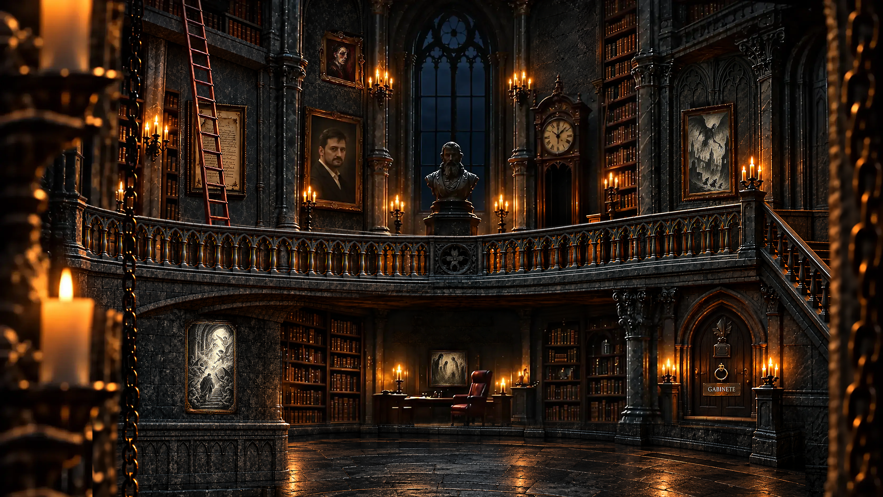 Nivel cuatro dedicado al autor, con grabados de ángeles y demonios y pinturas de atmósfera tenebrosa en una biblioteca gótica